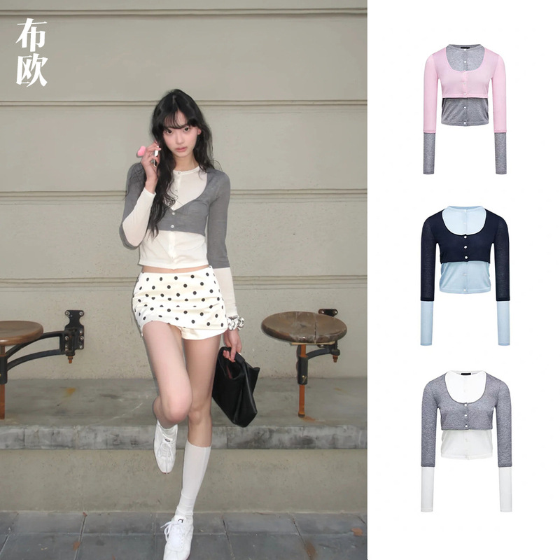 [Clearout No Returns or Exchanges] 30% Sheep Wool 31% Lyocell Niche Silk Contrast Color Fake Two-Piece Knitted Cardigan for Women