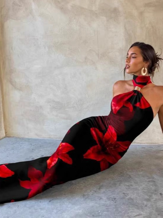 Summer Fashion High Neck Off Shoulder Floral Print Dress For Women Elegant Slit Design American Style_ecoleips.com