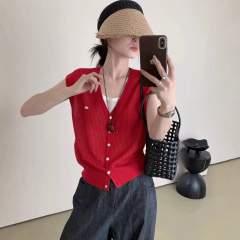 韓国カジュアル年齢軽減休暇ツーピースセーター女性のための 2025 夏の新スリムノースリーブベスト V ネックトップ