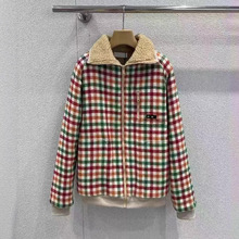 南油m家女装25秋冬新款时尚休闲彩色格纹羊羔毛领夹克棉服外套女