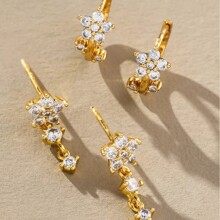 18K金锆石花朵耳环简约五瓣花轻奢耳扣耳钉两件套欧美跨境耳饰品