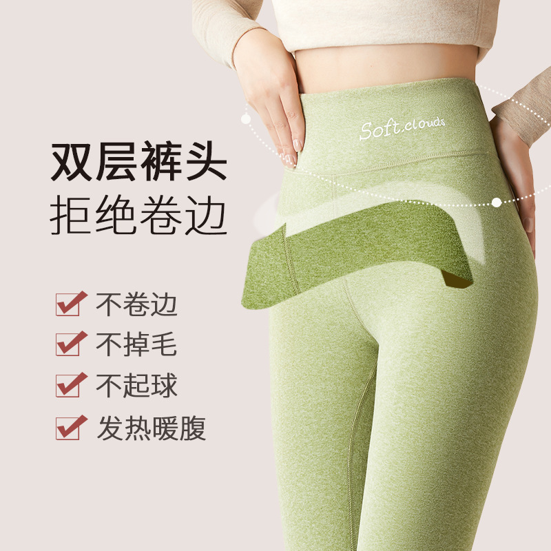 Pantalones térmicos de terciopelo cepillado de doble cara de otoño e invierno, seda de lana sin costuras, cintura alta, abdomen, leggings, pantalones largos para mujer