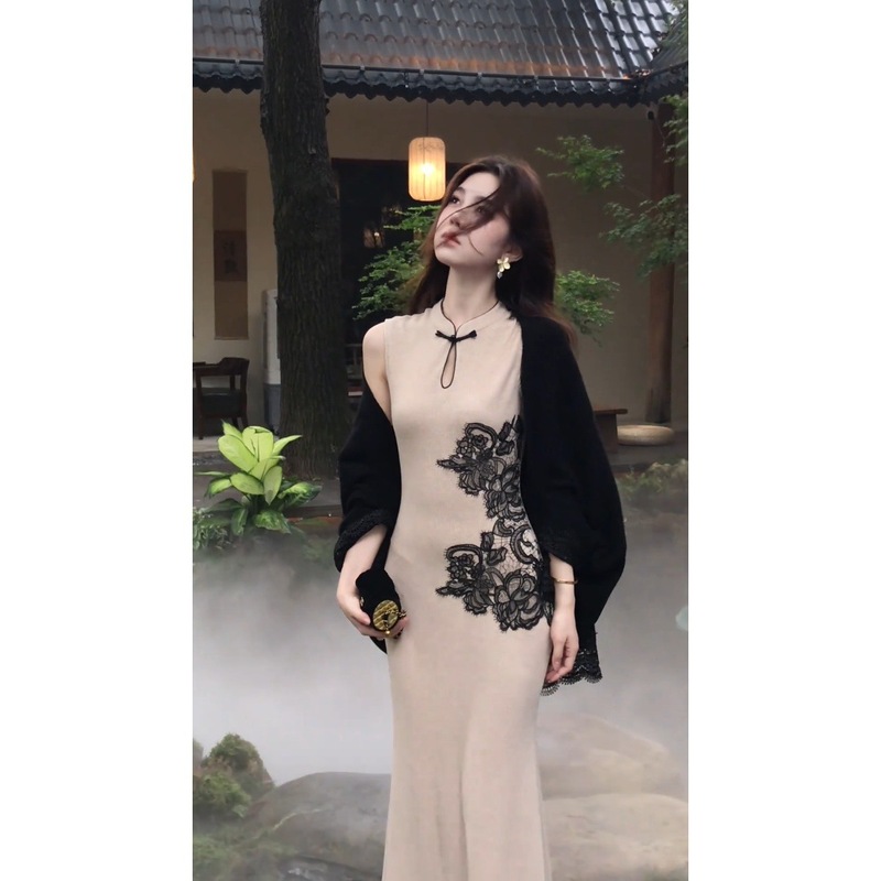新中式国风秋季新款无袖旗袍连衣裙女蕾丝拼接披肩套装|undefined