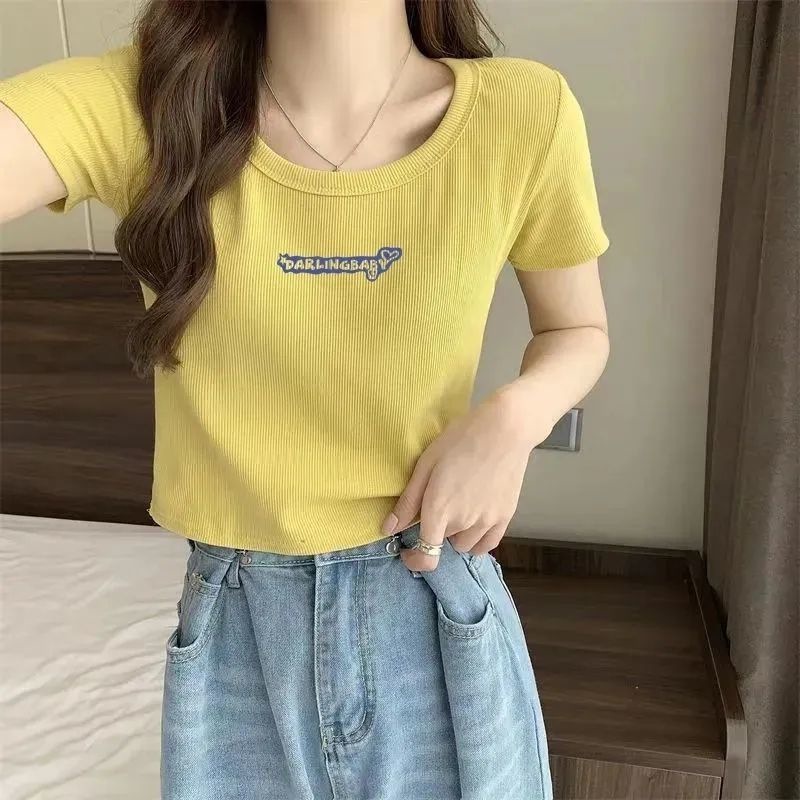 アイスシルクスレッドTシャツ夏の新しい甘辛スタイルスリムフィットショートトップ右肩半袖Tシャツ女性用イントレンド|undefined