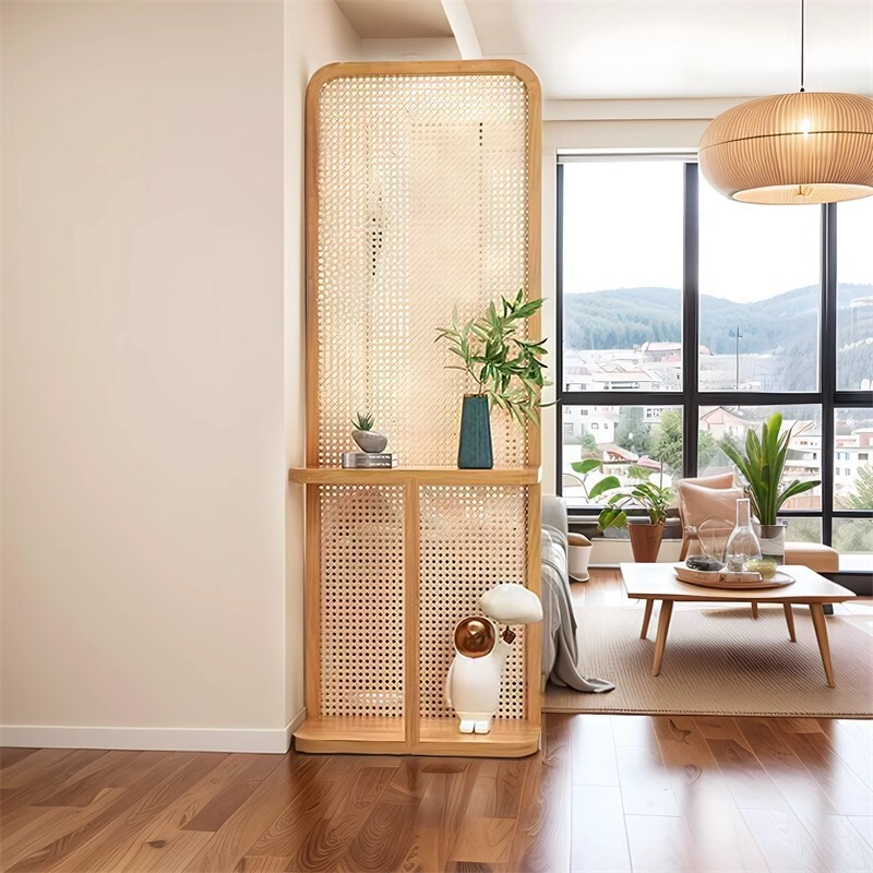 Retro Rattan Screen Partition Living Room Entrance Entrance Blocking Removable Solid Wood Screen Wabi-Sabi Style Storage Flower Stand