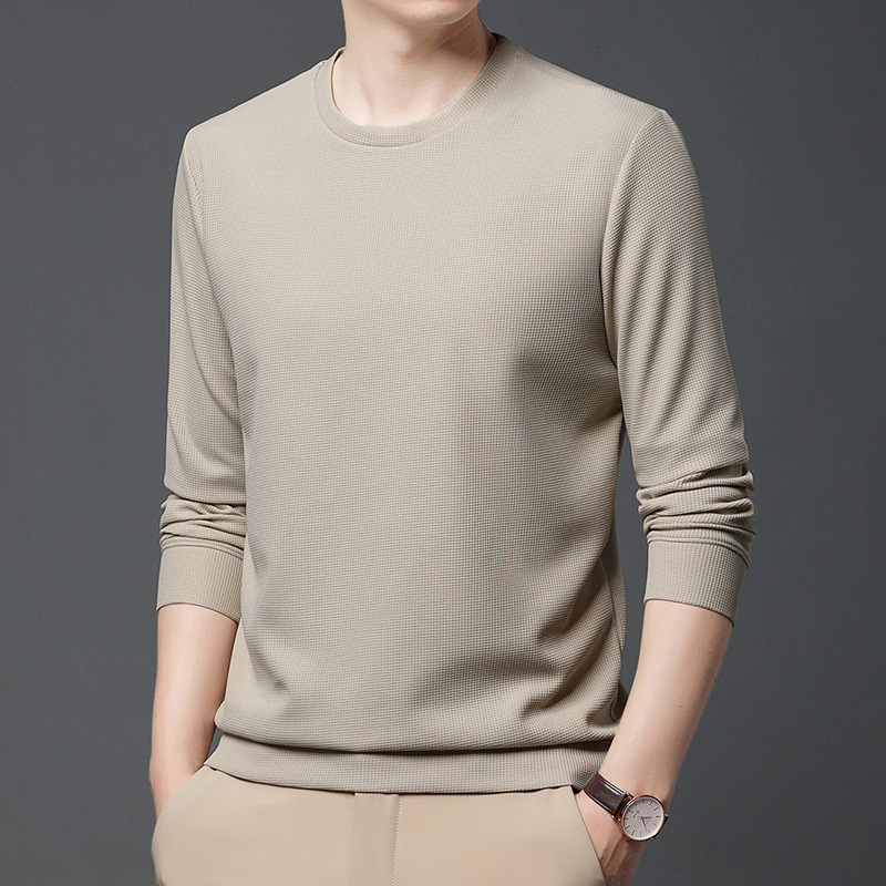 Spring and Autumn men's long-sleeved round neck sweater high quality waffle Stretch Slim bottoming shirt men's top one-piece delivery Spring and Autumn men's long-sleeved round neck sweater high quality waffle Stretch Slim bottoming shirt men's top one-piece delivery