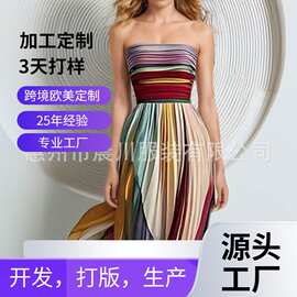 2026 欧美渐变抹胸晚礼服女 无肩带压褶雪纺长裙 宴会伴娘服度假