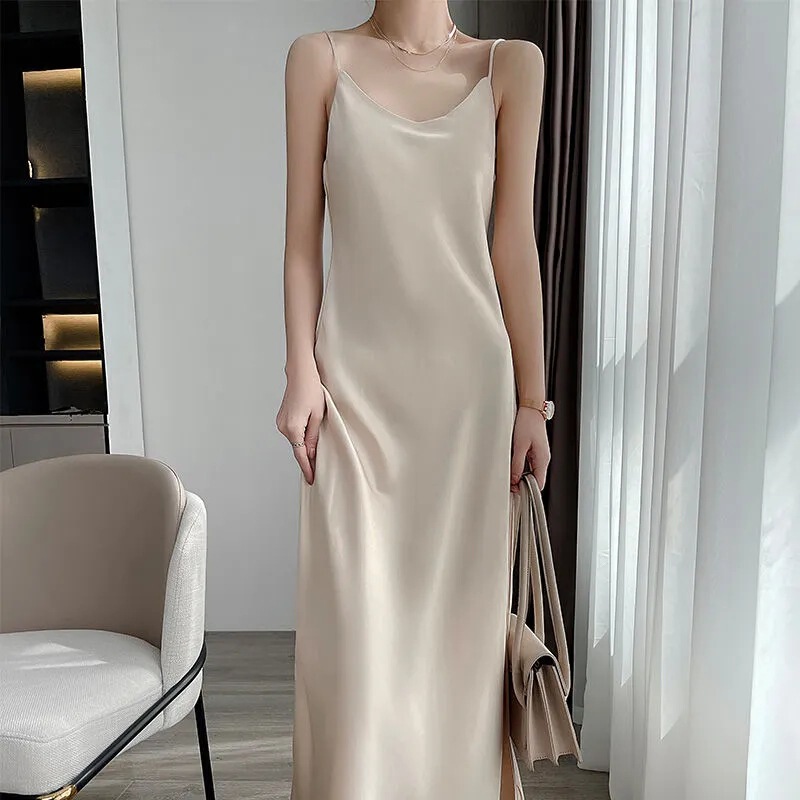 Silk Short-Sleeved Suspender Dress, Mulberry Silk Classy Pure Color Fashionable Elegant Mid-Length a Loose Waist