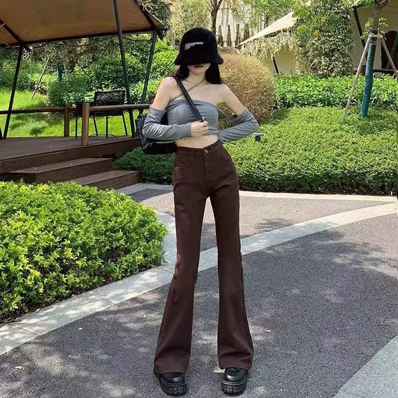 High Waist brown Micro-Lam Jeans Women's 2022 Spring and Autumn New Retro Chic Slim-Fit Stretch Slim Fit Flared Pants High Waist brown Micro-Lam Jeans Women's 2022 Spring and Autumn New Retro Chic Slim-Fit Stretch Slim Fit Flared Pants