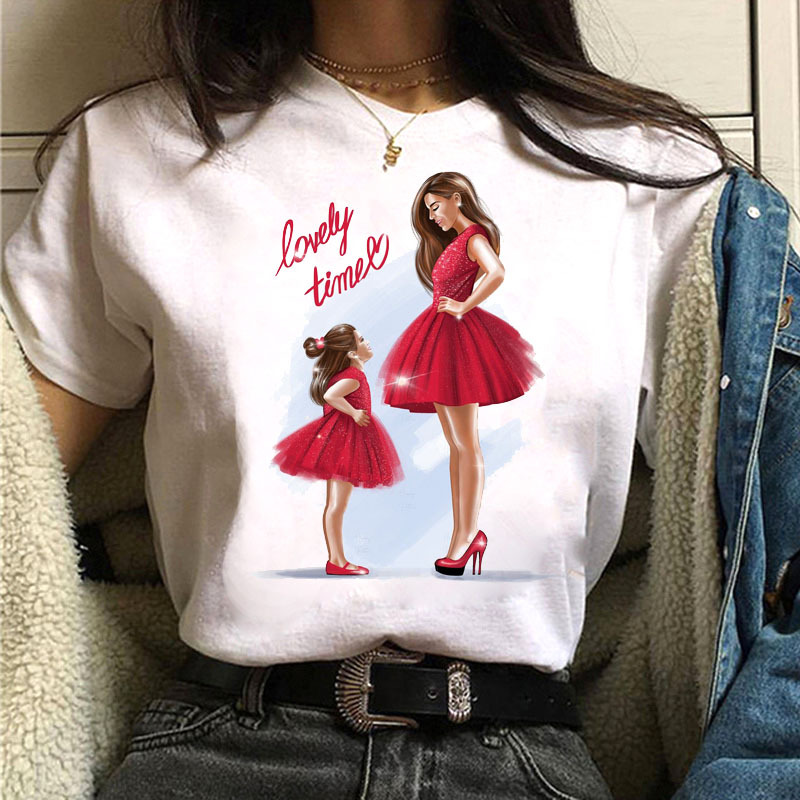 super mom mama印花亲子装T恤女装儿童童装女款白色短袖外贸街头