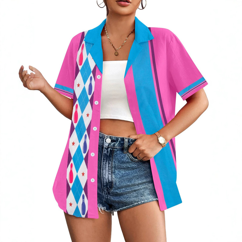 Pink and blue contrast bowling diamond print short-sleeve shirt, casual loose vintage style cardigan top for women