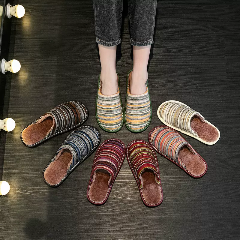 定制条纹春秋夏季棉麻布艺亚麻居家男女情侣室内厚底家居地板拖鞋