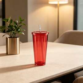 鲜榨果汁专用双层透明塑料吸管杯 650ml 高透看清饮品层次水杯
