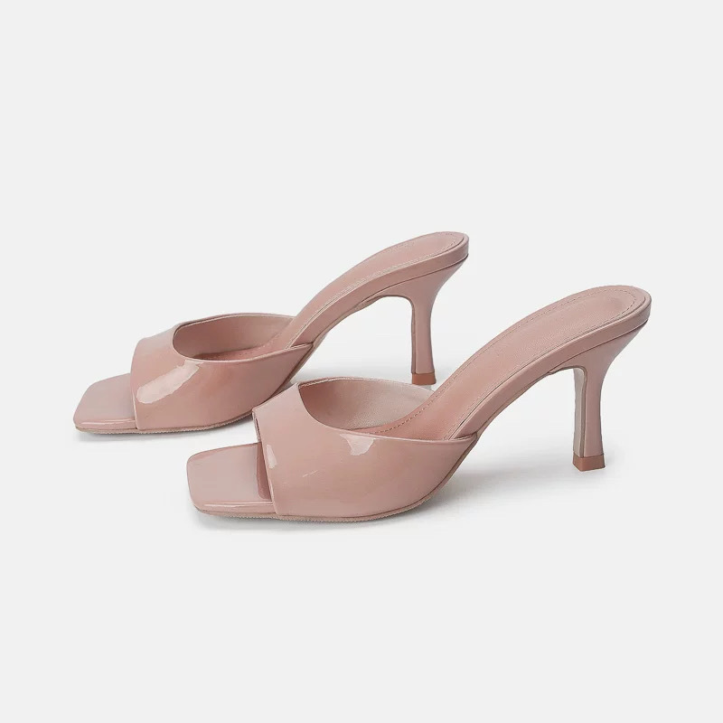 In Stock - Square Toe Open Toe Sexy Outer Wear Slippers Patent Leather High Heel Sandals 2025 Summer Stiletto Heels
