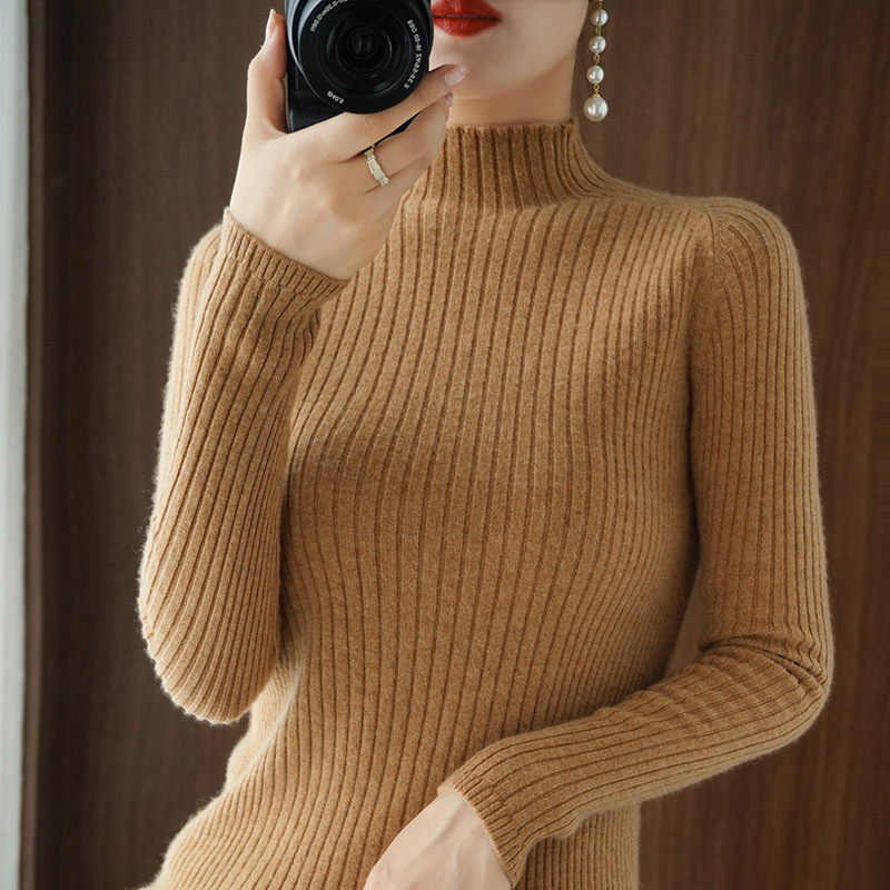 New Autumn and Winter Half Turtleneck Knitwear for Women, Slim Pullover, Pure Color Slimming Look Bottoming Shirt, Long Sleeves, Tight Knitted Knitwear Inside