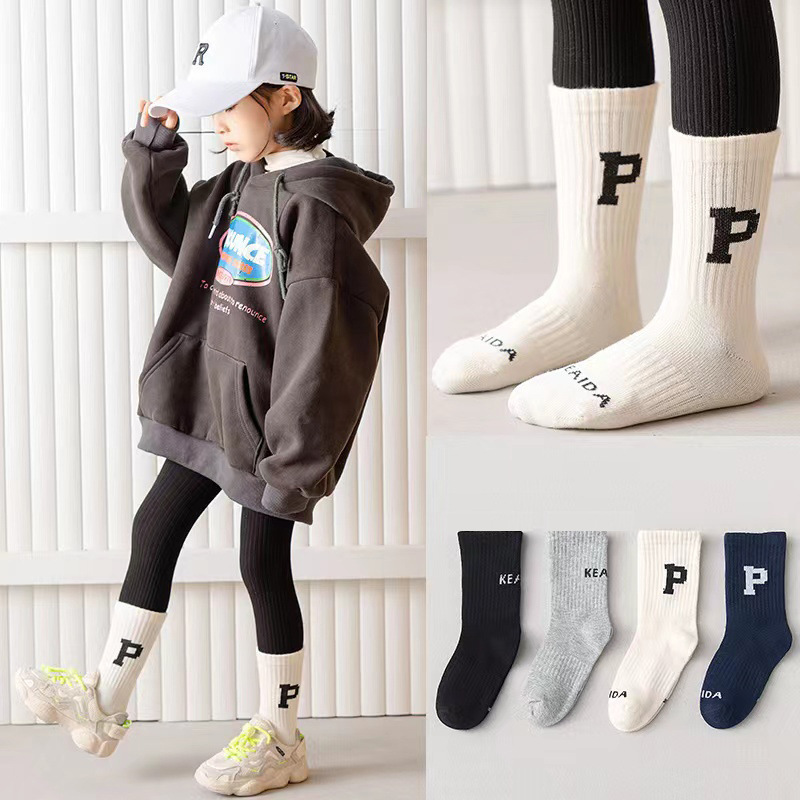Children's Socks Spring and Autumn Trendy Ins Korean Style Boys and Girls Medium and Large Children's Mid-Tube Socks P Letter Cotton Socks Spring and Summer Baby Socks
