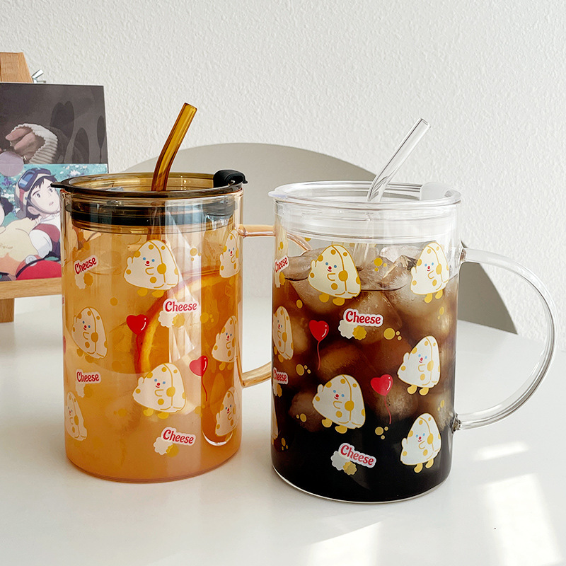 High Borosilicate Glass Straw Cup for Girls, Summer High-Value Large-Capacity Water Cup with Scale and Lid, Juice Cup