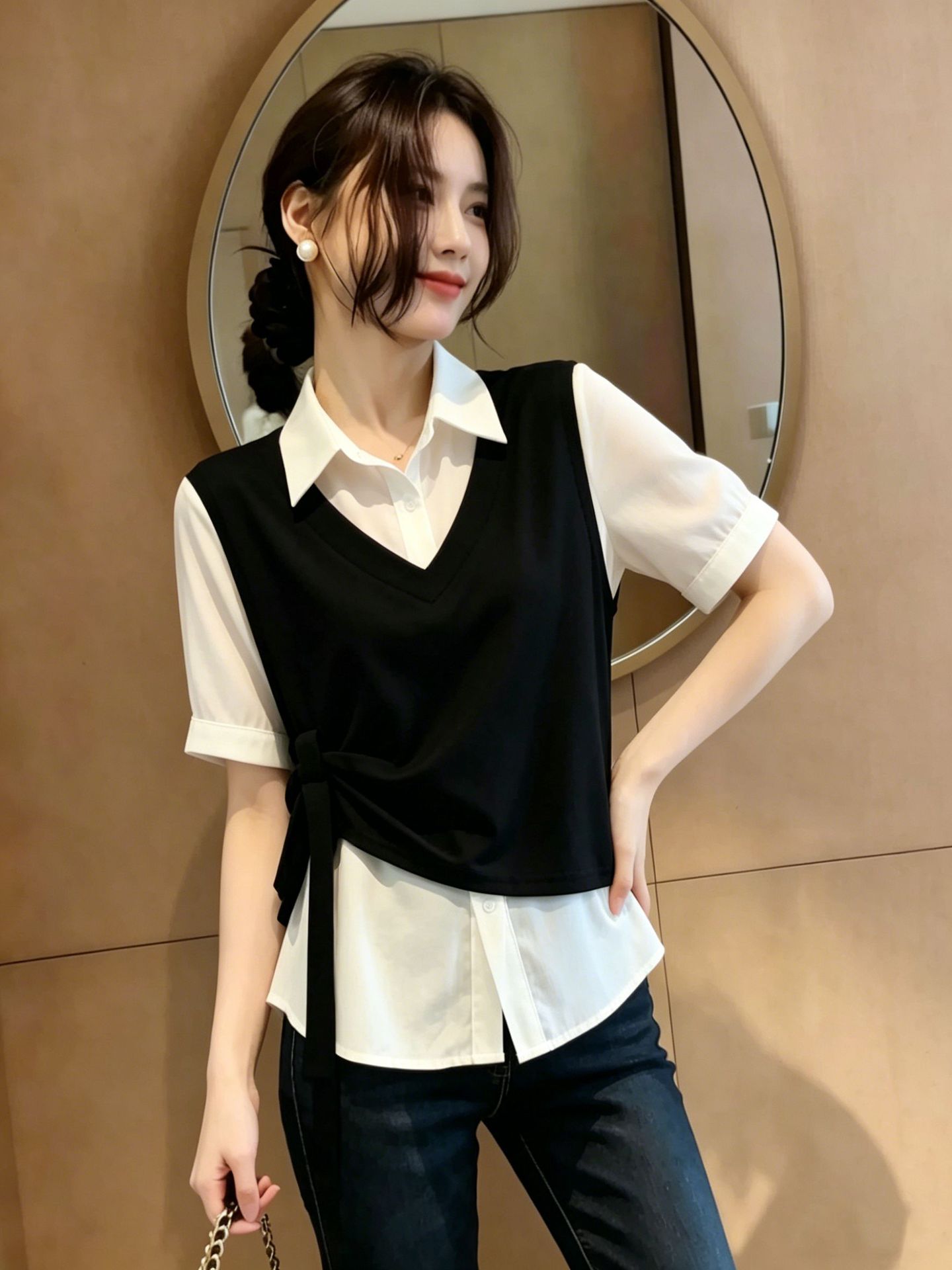Áo thun nữ tay ngắn phối ren giả hai lớp thiết kế dây rua — Màu ảnh chi tiết 2