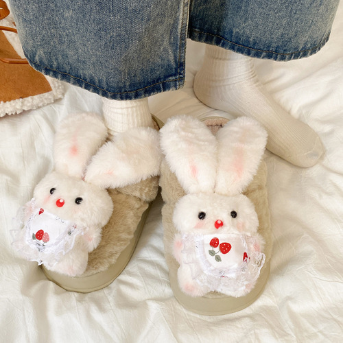 Cute Cartoon Strawberry Rabbit Plush Slippers for Women - 2025 New Arrival Korean Style Home Warming Fleece Thick Sole Cotton Slippers