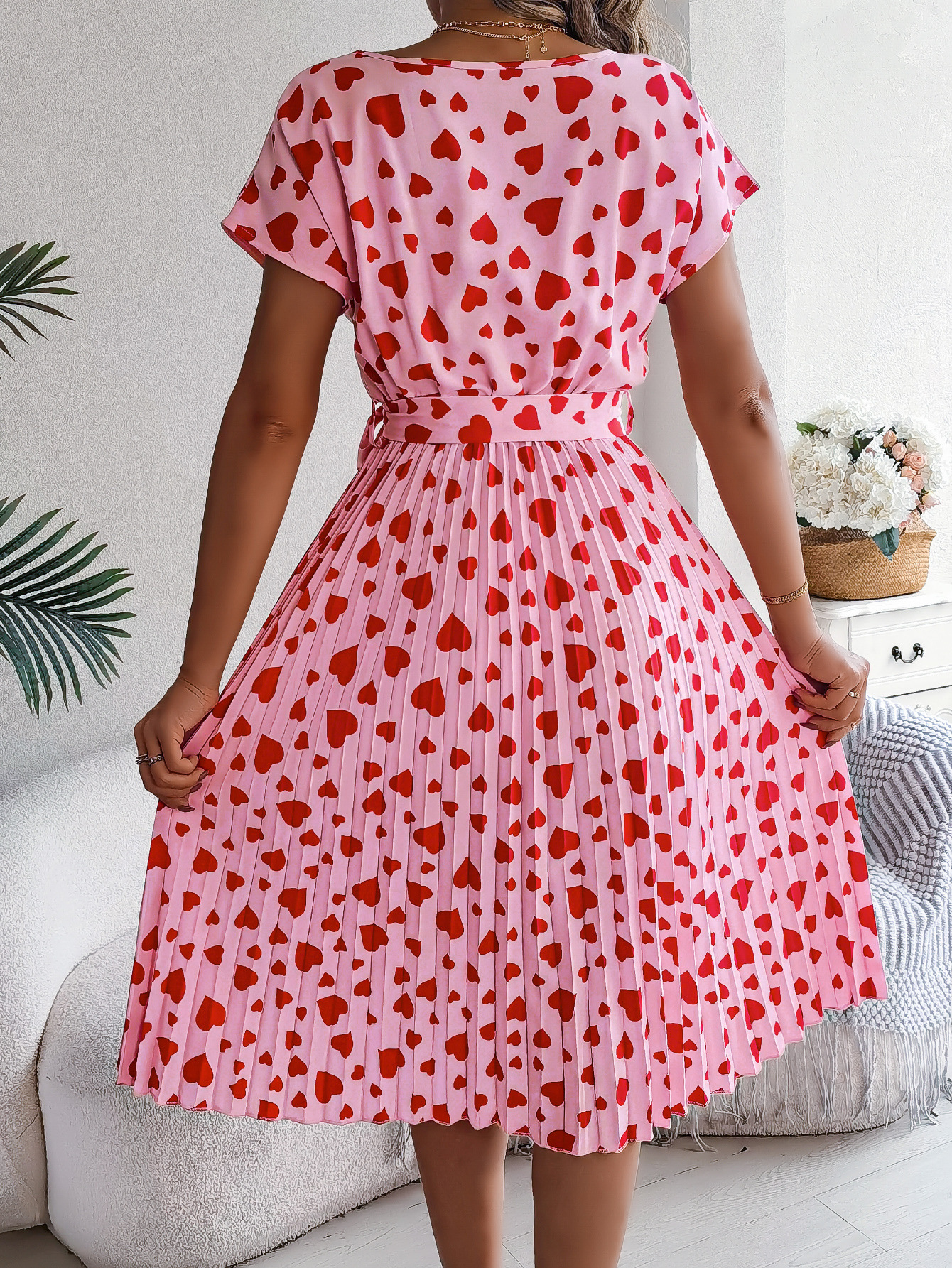 Valentine Day Gift Spring Summer Casual Contrast Color Love Heart Short Sleeve Waist Controlled Pleated Dress Women Clothing 6 Valentine Day Gift Spring Summer Casual Contrast Color Love Heart Short Sleeve Waist Controlled Pleated Dress Women Clothing