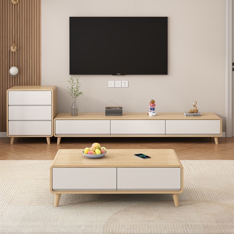 Log Style Solid Wood TV Cabinet Coffee Table Combination Modern Simple Living Room Household Small Apartment Floor Cabinet Cream Style