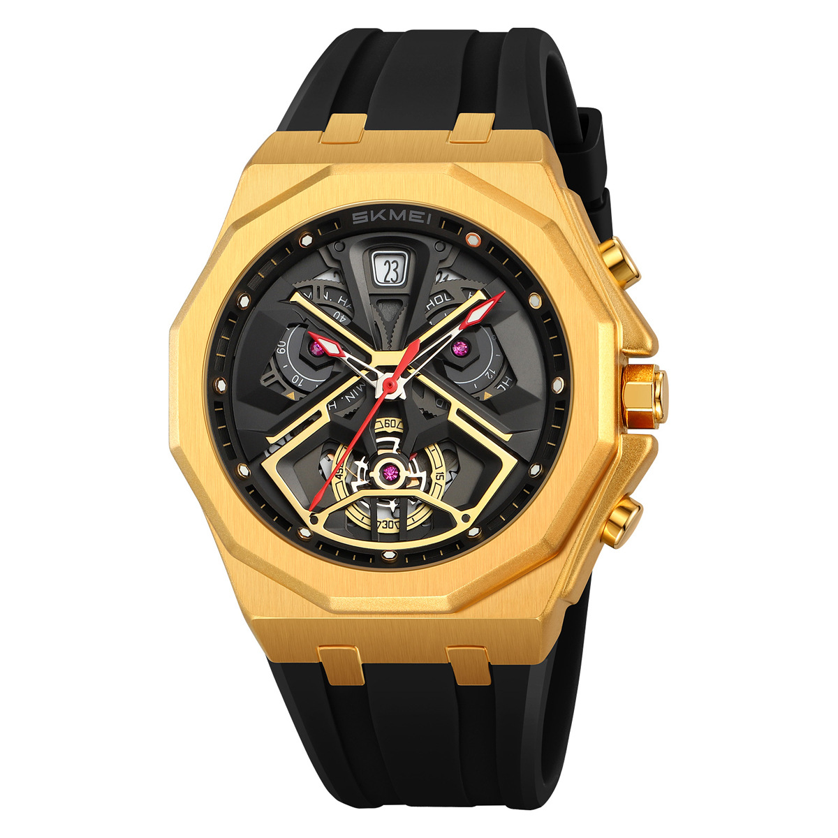 Momento de belleza para hombres octogonal oro viento mecánico reloj de cuarzo transfronterizo correa de silicona multifuncional relojes de pulsera ocio