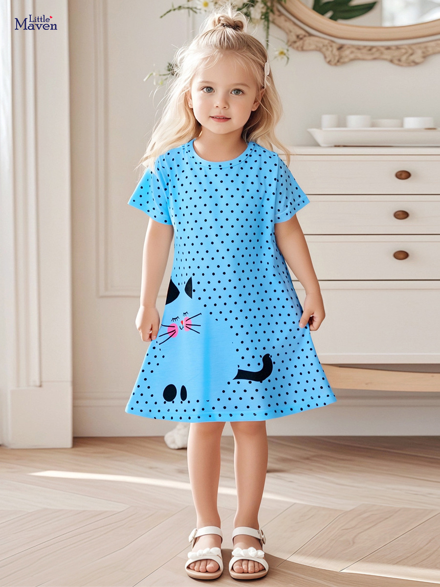 Blue Cat Print Polka Dot Dress for Girls Summer Wear