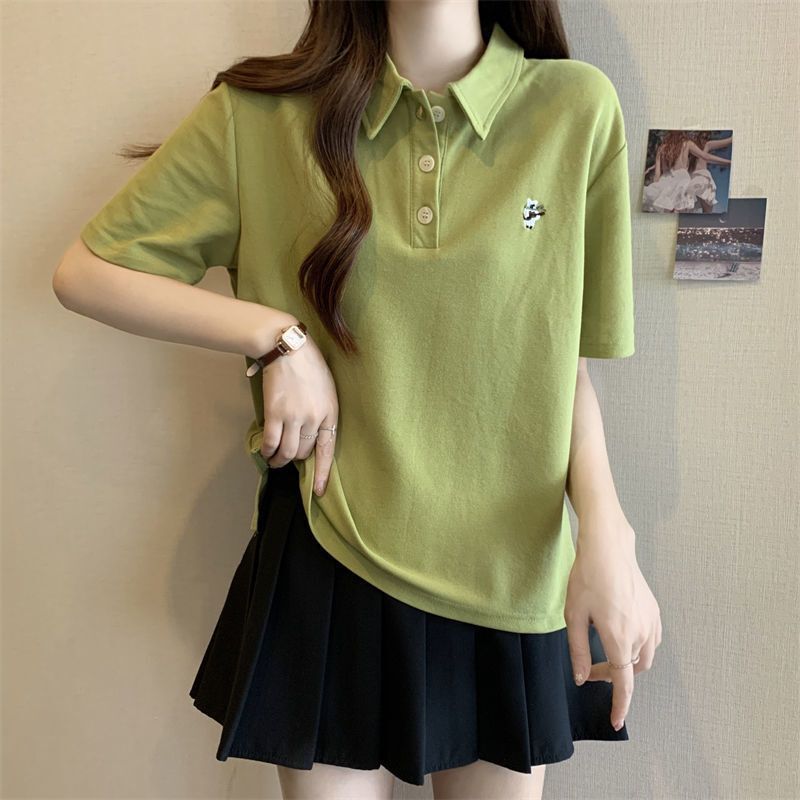 Plus Size Design Polo Collar Short-Sleeved T-Shirt for Women Summer New Fat mm Loose Slimming Look Cover-Up Style Casual Top