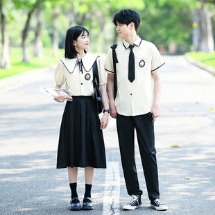 Actual Photos of a Large Number of Ready-Made Short-Sleeved Couple Uniforms for Middle and High School Students, College-Style Student Class Uniforms