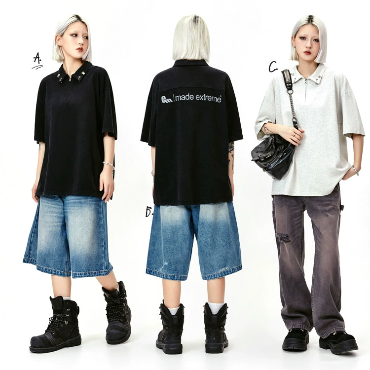 MADEEXTREME американский ретро повседневные металлические аксессуары с принтом polo воротник футболки с короткими рукавами для мужчин и женщин