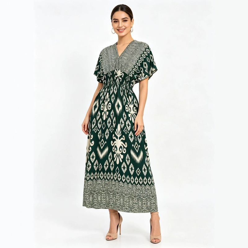 Thai Ethnic Style V-Neck Rayon Short-Sleeve Island Vacation Dress Xishuangbanna Outfit Travel Dress Summer Thai Ethnic Style V-Neck Rayon Short-Sleeve Island Vacation Dress Xishuangbanna Outfit Travel Dress Summer