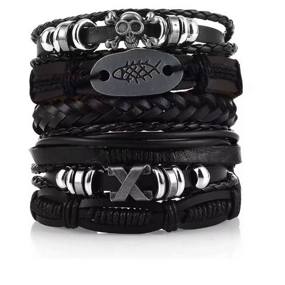 Diy Leather Bracelet Weaving Kit For Men With Skull And Star Beads_voghion.com