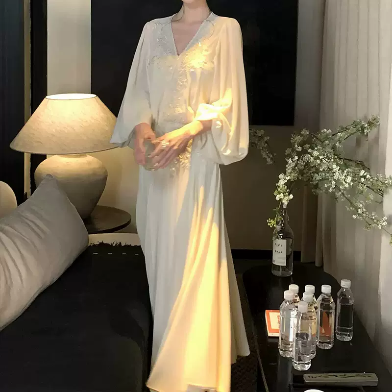 做货【玲琅天工】温柔气质V领长袖连衣裙万针定位珠绣长短版