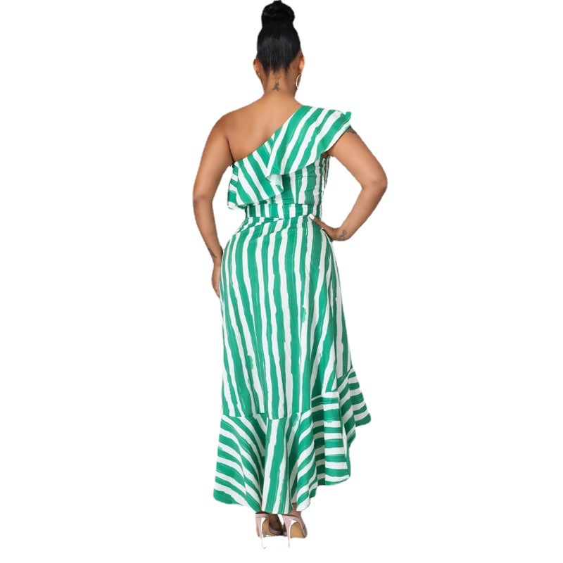 Vestido elegante para ir al trabajo de la próxima temporada, falda irregular, vestido midi verde con hombros descubiertos, vestido a rayas entallado de talla grande. image 6