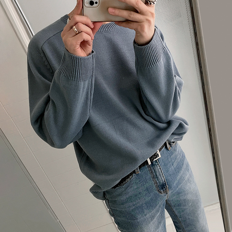 [Clearance] men's round neck sweater long sleeve autumn Korean style loose trendy solid color pullover sweater top for men