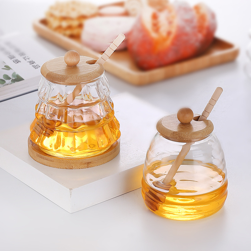 Household Transparent Glass Honey Jar Creative Glass Sealed Box Storage Jar with Lid Glass Stirring Rod Honey Bottle