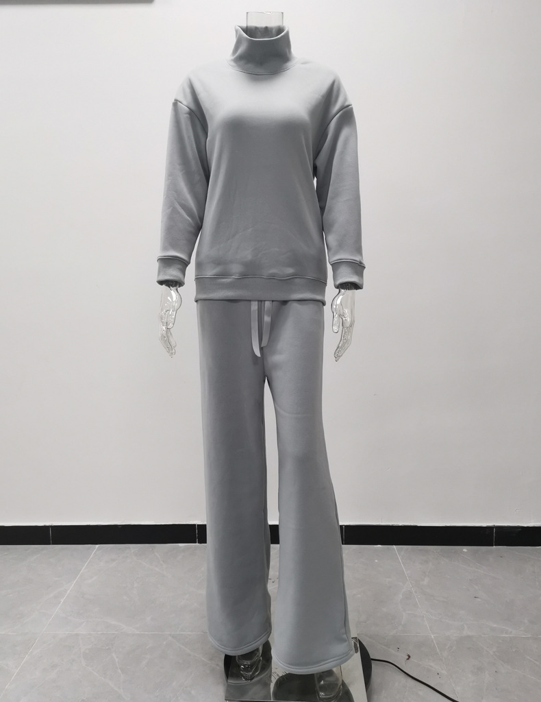 Women's Clothing long sleeved brown temperament wide leg pants fashionable loose high necked casual two piece sweatshirt_voghion.com