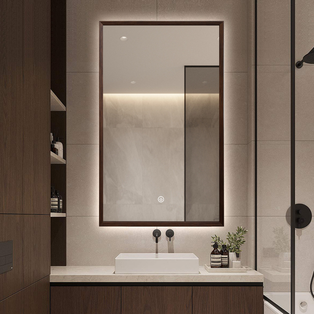 定制实木LED智能浴室镜卫生间奶油中古风镜子发光洗漱化妆镜壁挂