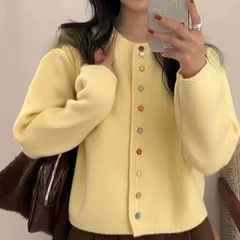 韩系秋冬季新款软糯针织开衫外套彩色扣长袖小香风圆领上衣女毛衣