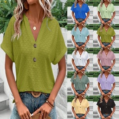 2025 春夏ヨーロッパとアメリカのクロスボーダー Amazon 独立したステーション新しい婦人服ファッションカジュアル無地ボタン V ネック T シャツ女性