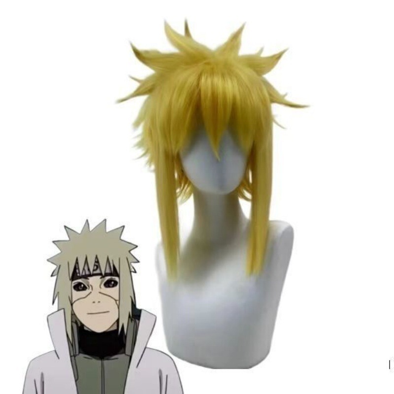 Fourth Hokage Naruto Minato Cosplay Wig Long Sideburns Golden Yellow Flip-Up Afro Rose Net