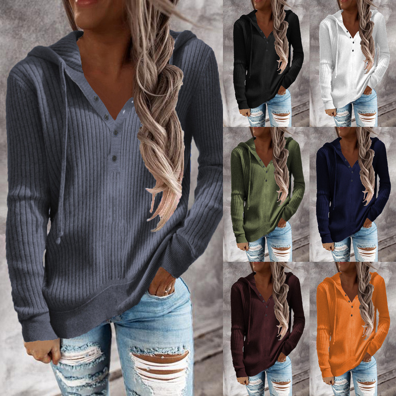 2023 European and American Knitwear Autumn and Winter New Open Collar Long-Sleeved Loose Outwear Stripesd Casual Knitwear Hooded Sweatshirt for Women