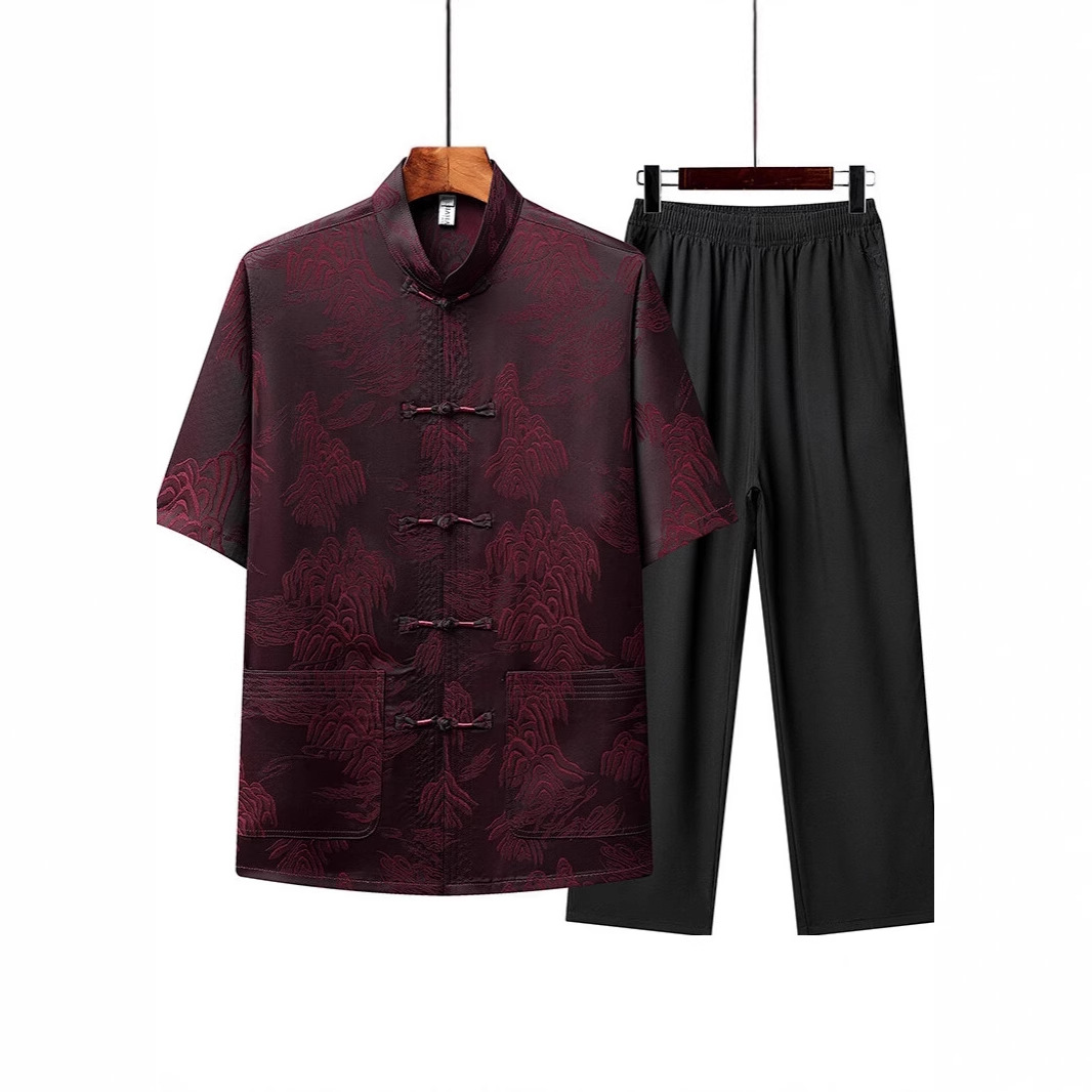 Chinese Style Dad's Large Size Silk Tang Suit Men's Short-Sleeved Suit for Middle-Aged and Elderly People Plus Fat and Loose Grandpa Summer Suit