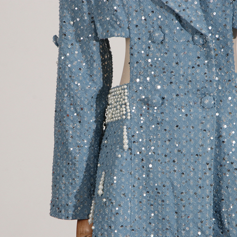 Women's Clothing Elegant Women's Dress With Pearl Embellishments & High Waist Design - Fashionable Long Sleeve A-Line Mini Dress For Summer​_voghion.com