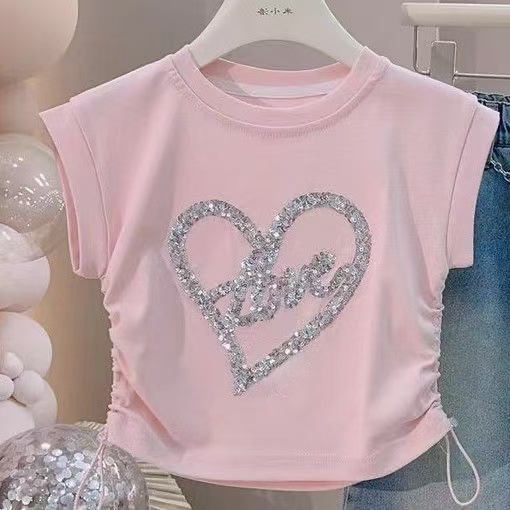 Girls' Summer Outfit 2026 New Stylish Sequin Heart Short-Sleeve Top with Denim Skirt Two-Piece Set Trendy