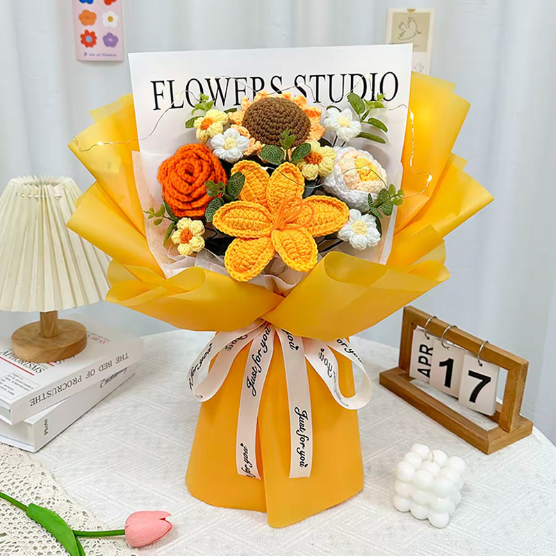 Productos transfronterizos acabados de lana tejido flores hechas a mano girasol trenzado regalos de vacaciones decoración flores falsas al por mayor