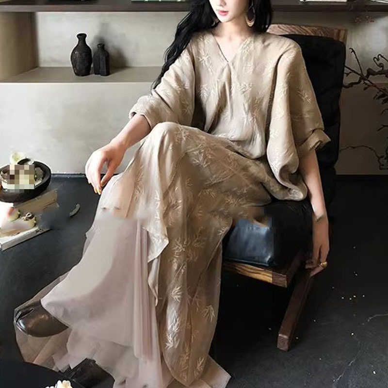 新中式国风复古竹叶高级不撞款薄纱连衣裙女夏季禅意风碎花裙子女|undefined