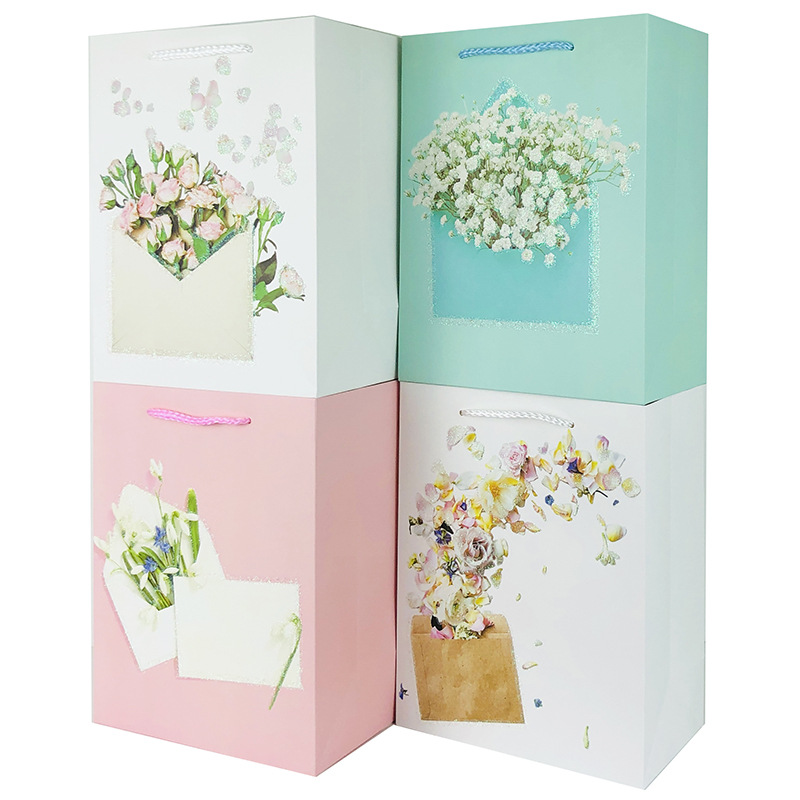 现货闪粉信封花卉系列手提袋礼品袋购物袋跨境专供包装袋批发