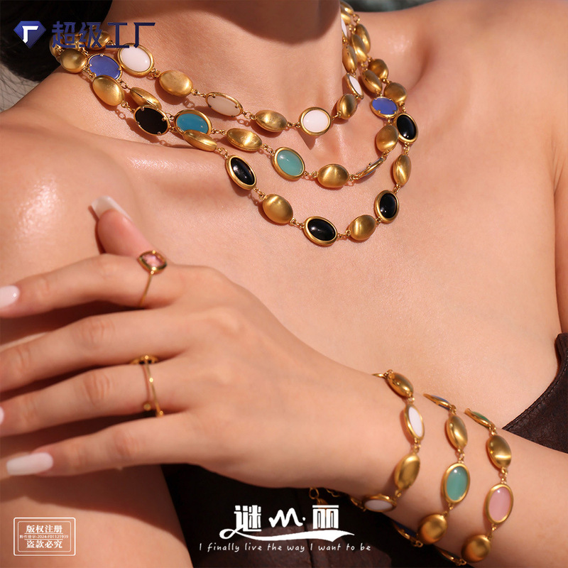 Mili 天然オーバルオパールネックレスブレスレットイヤリングステンレス鋼 18K リアルゴールド気質高級社交家セット|undefined