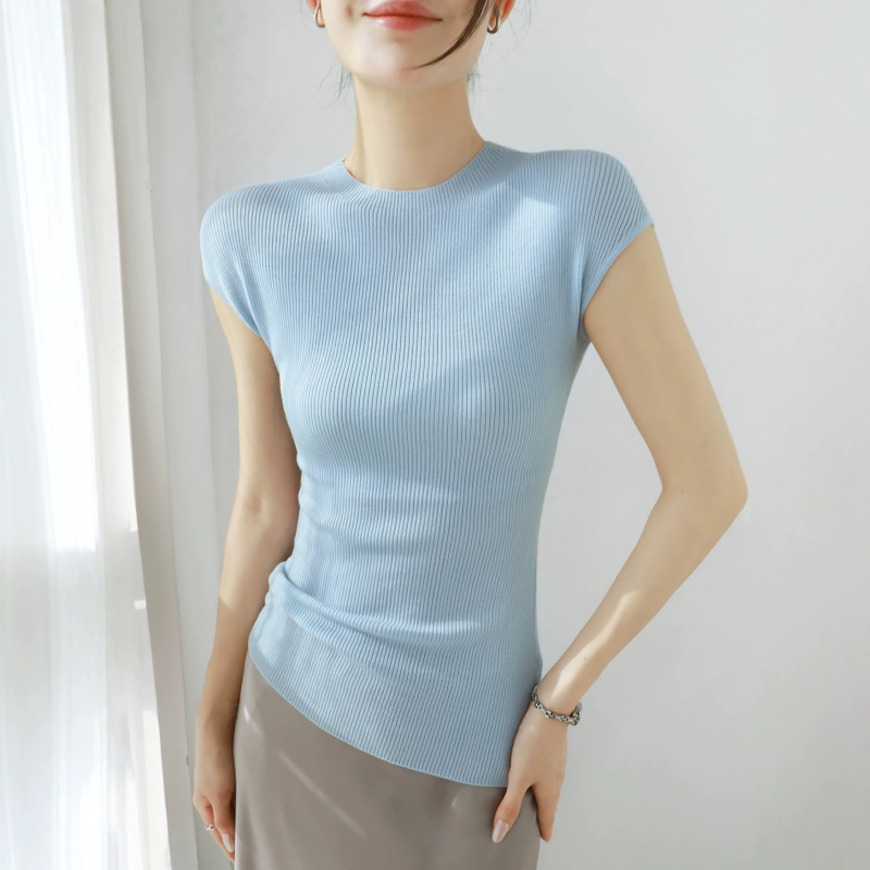 Zhengqite Clothing/ Minimalist Style Round Neck Yangzi Yarn Full Wool Ribbed Seamless Knit Sweater for Women Summer Slim Fit